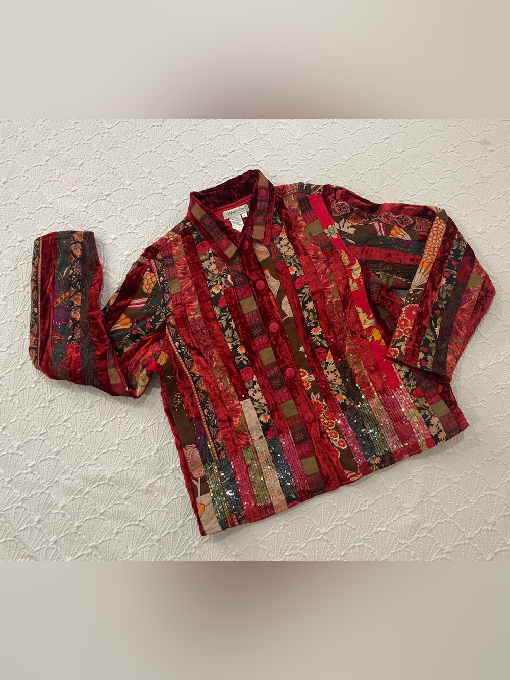 Stunning Coldwater Creek Black Red Gold Paisley Lined Jacket Sz L